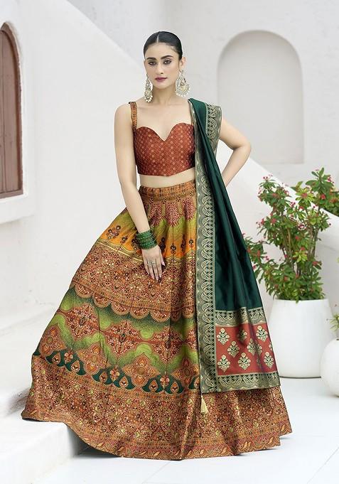Orange Woven Design Blended Lehenga Choli — view on Indya