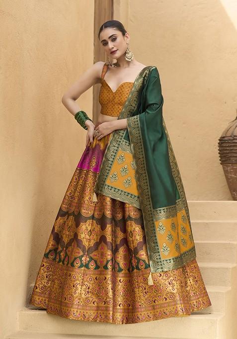 Yellow Woven Design Blended Lehenga Choli