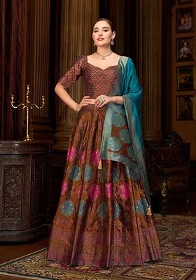 Brown Woven Design Blended Lehenga Choli