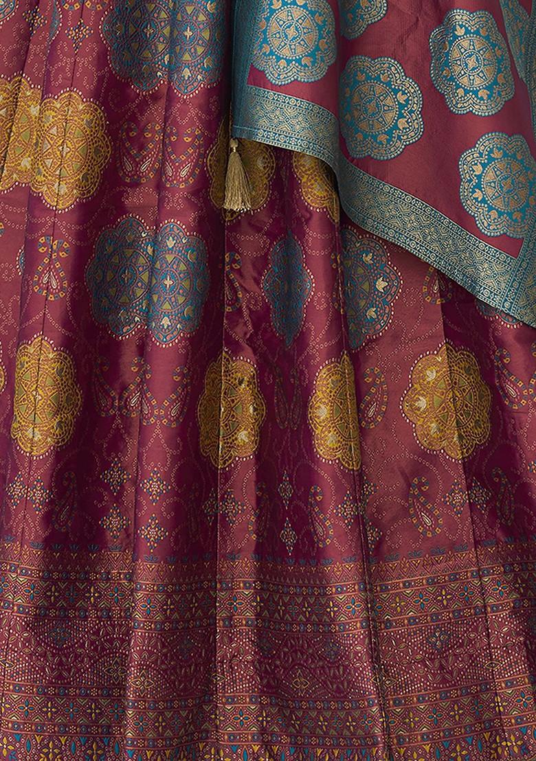 Pink Woven Design Blended Lehenga Choli - Indya