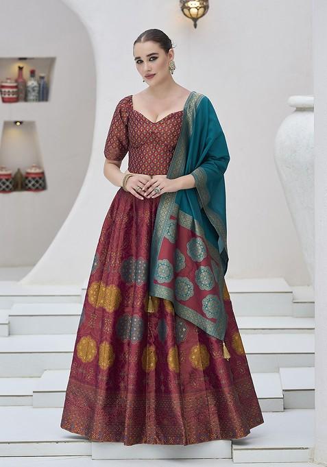 Pink Woven Design Blended Lehenga Choli — view on Indya