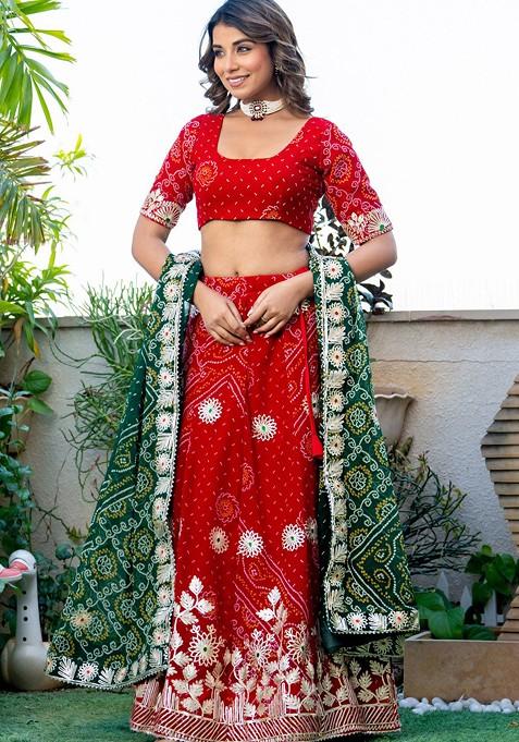 Red Printed Blended Lehenga Choli