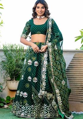 Green Printed Blended Lehenga Choli