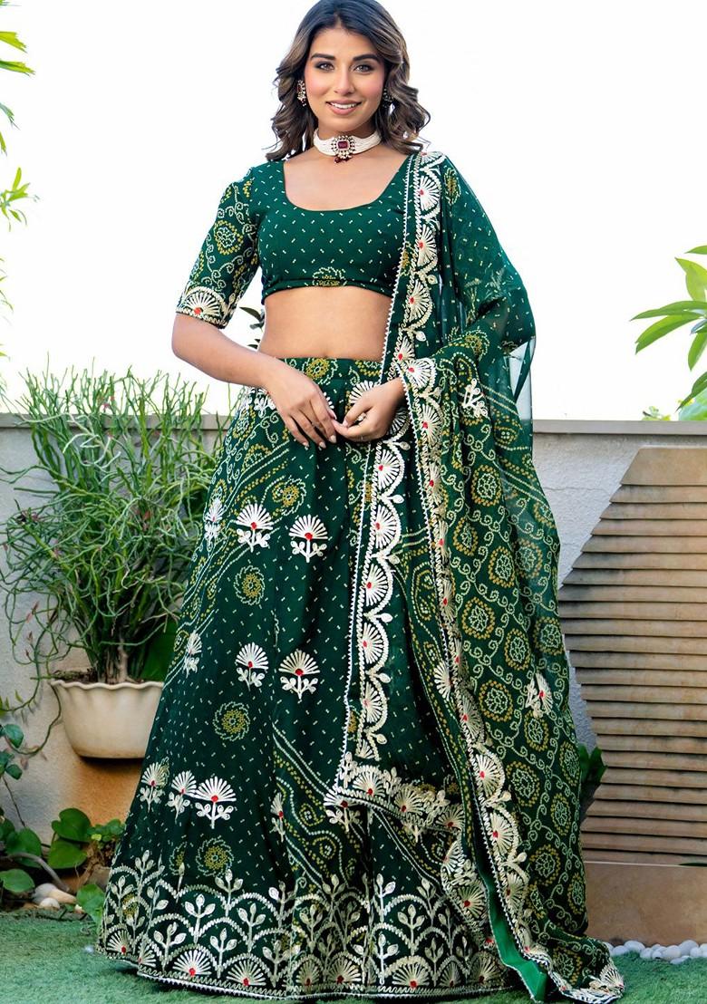 Green Printed Blended Lehenga Choli - Indya
