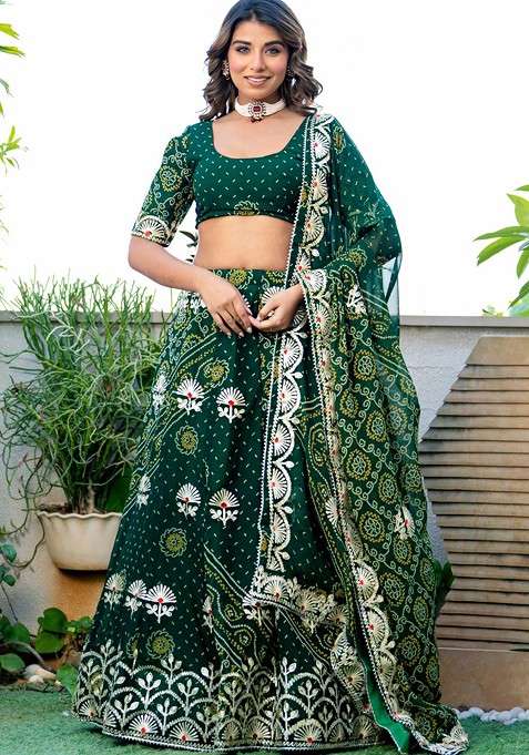 Green Printed Blended Lehenga Choli