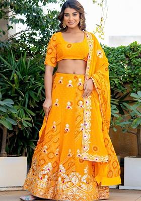 Yellow Printed Blended Lehenga Choli