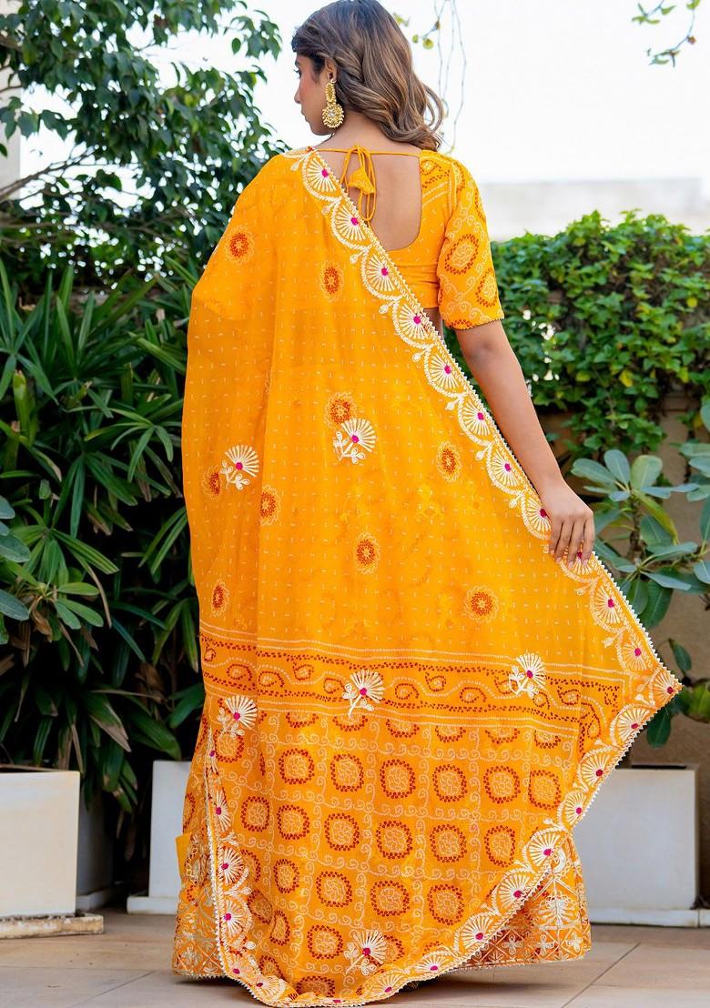 Yellow Printed Blended Lehenga Choli - Indya