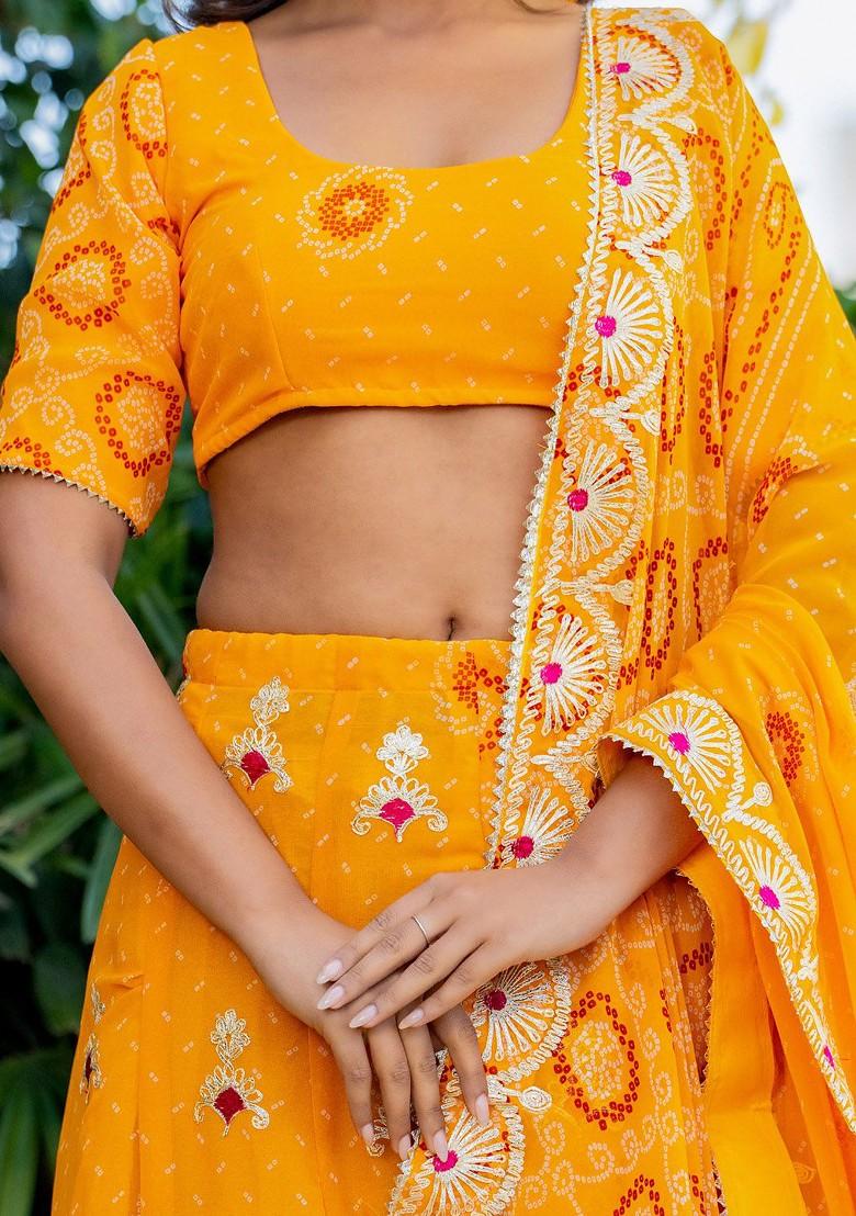 Yellow Printed Blended Lehenga Choli - Indya