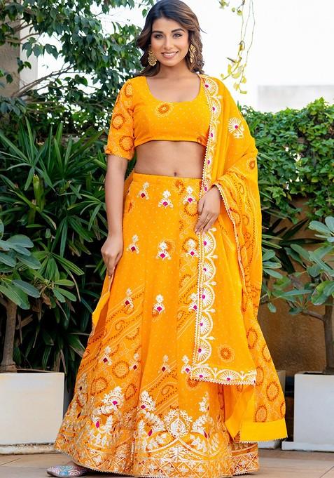 Yellow Printed Blended Lehenga Choli — view on Indya