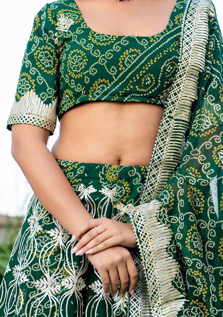 Green Printed Blended Lehenga Choli - Indya