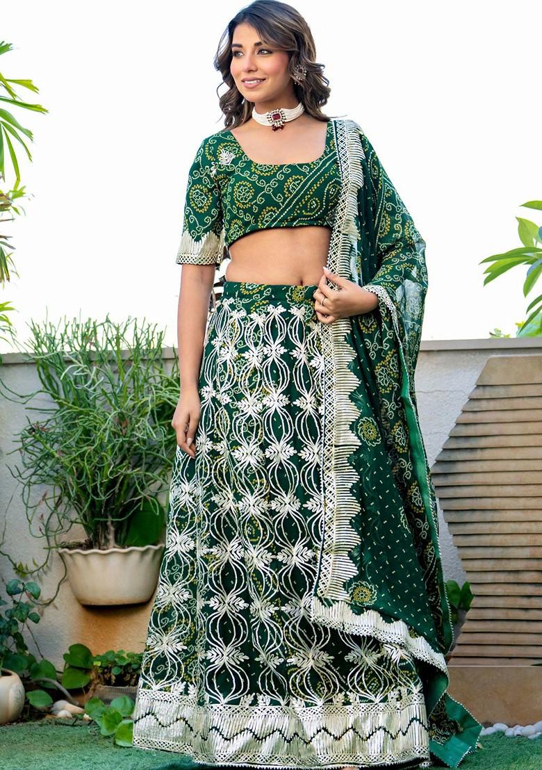 Green Printed Blended Lehenga Choli
