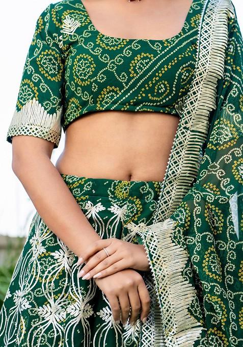 Green Printed Blended Lehenga Choli