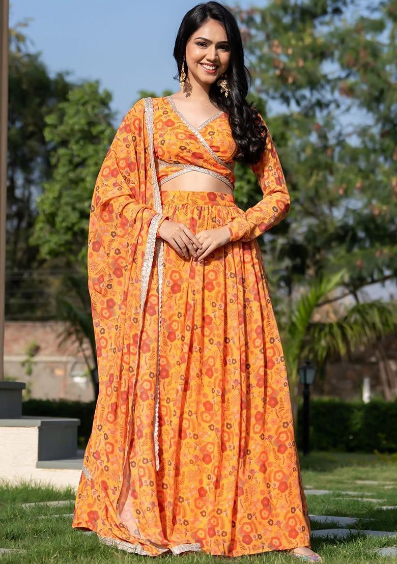 Mustard Printed Blended Lehenga Choli