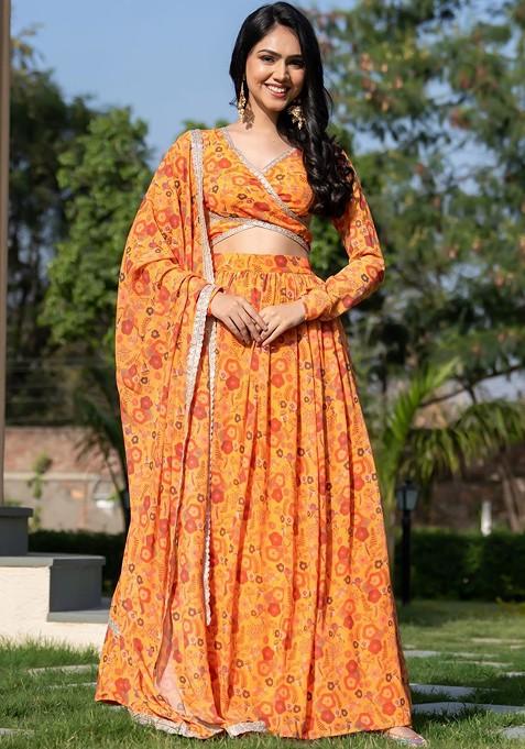Mustard Printed Blended Lehenga Choli