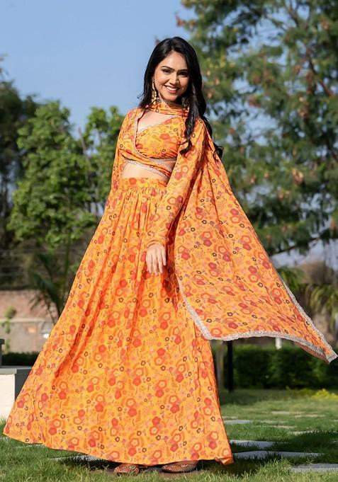 Mustard Printed Blended Lehenga Choli