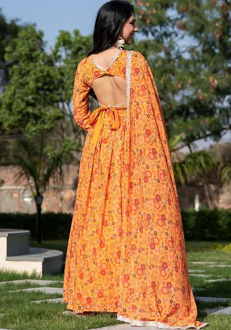 Mustard Printed Blended Lehenga Choli
