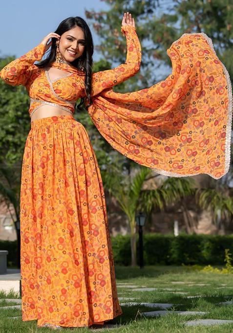Mustard Printed Blended Lehenga Choli