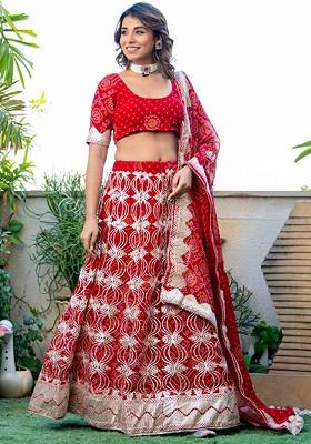 Red Printed Blended Lehenga Choli