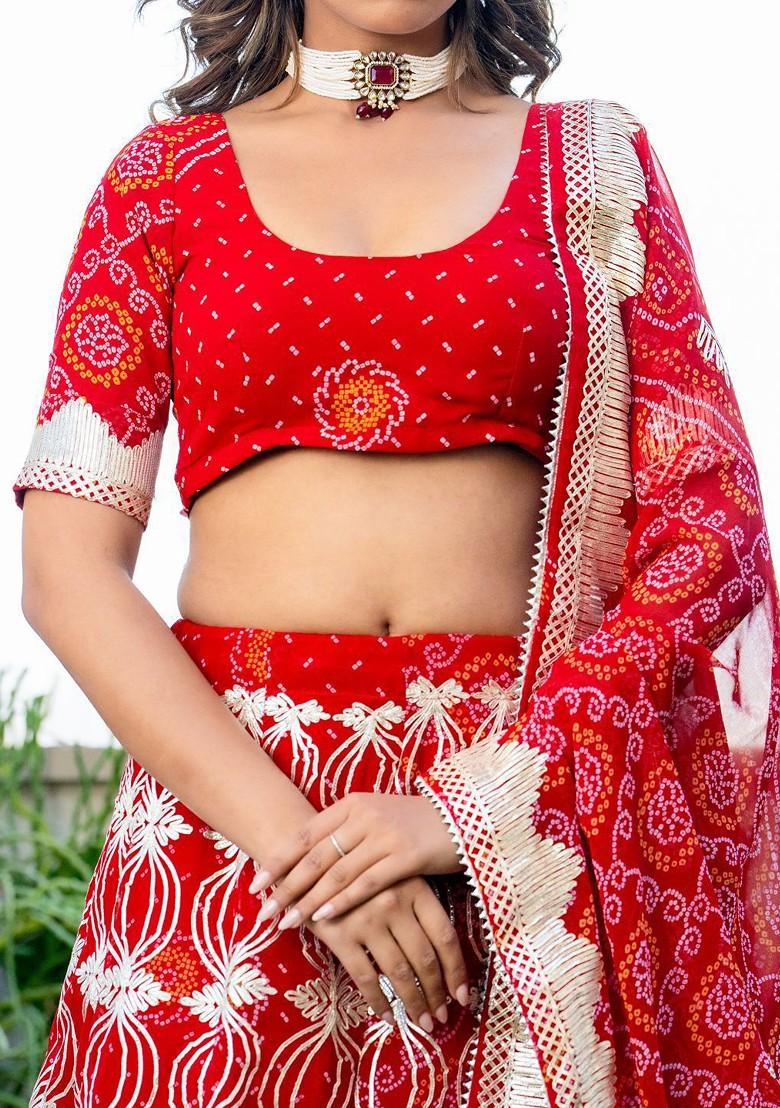 Red Printed Blended Lehenga Choli - Indya