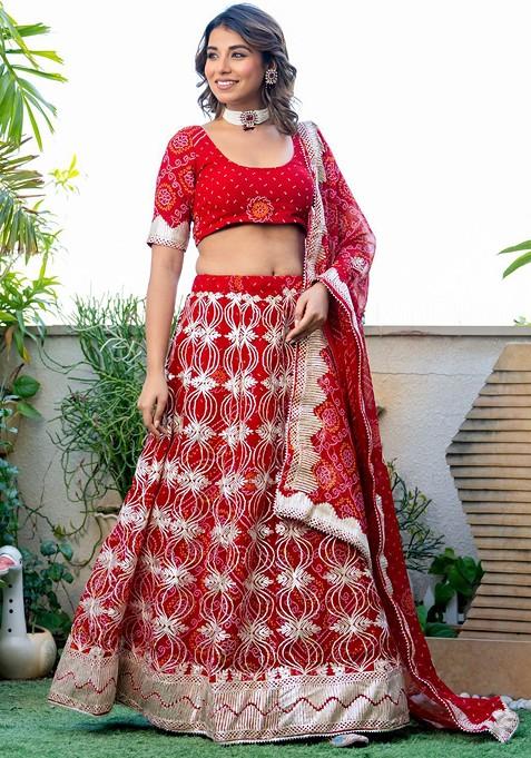 Red Printed Blended Lehenga Choli