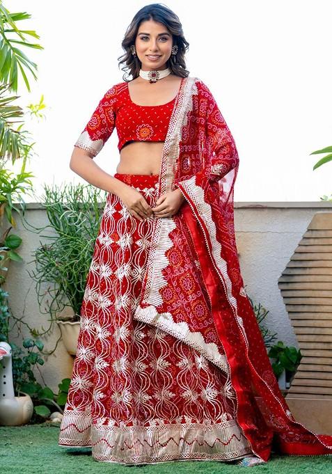 Red Printed Blended Lehenga Choli