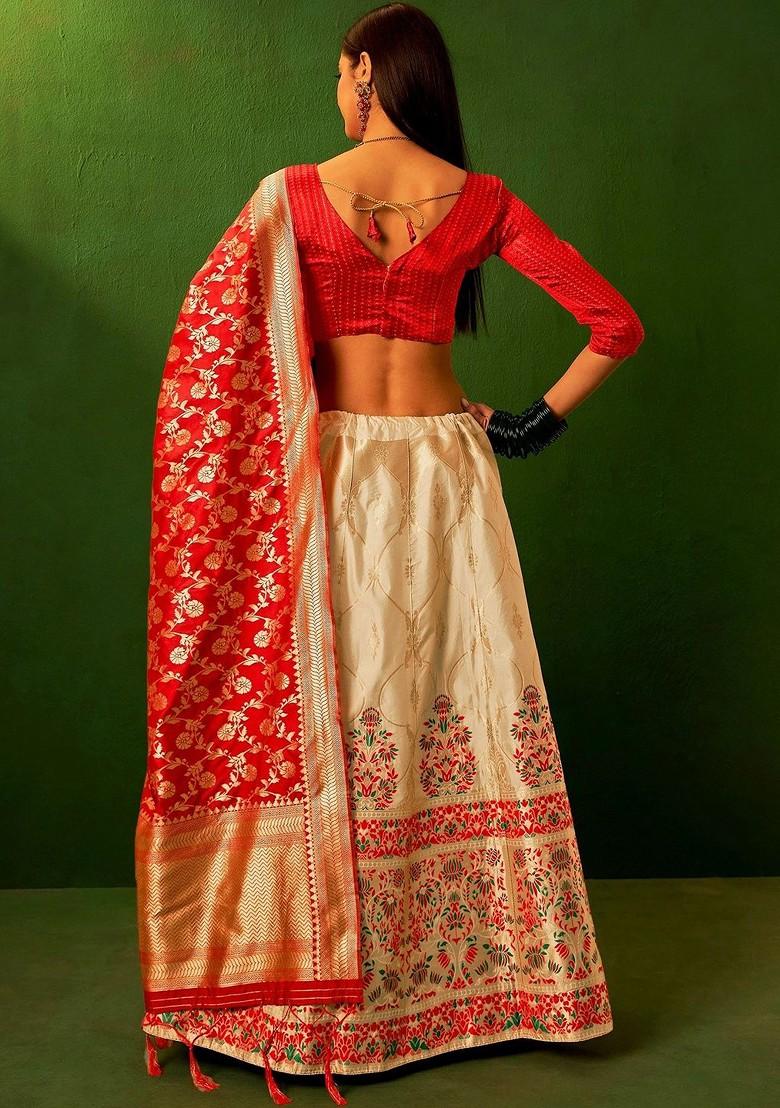 Beige Woven Design Blended Lehenga Choli - Indya