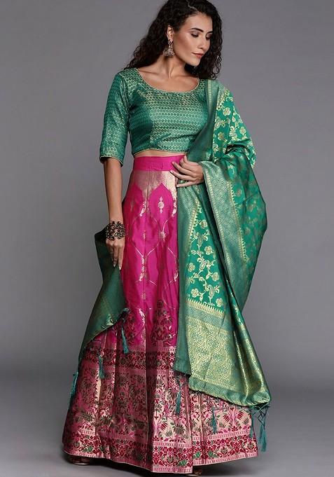 Pink Woven Design Blended Lehenga Choli — view on Indya