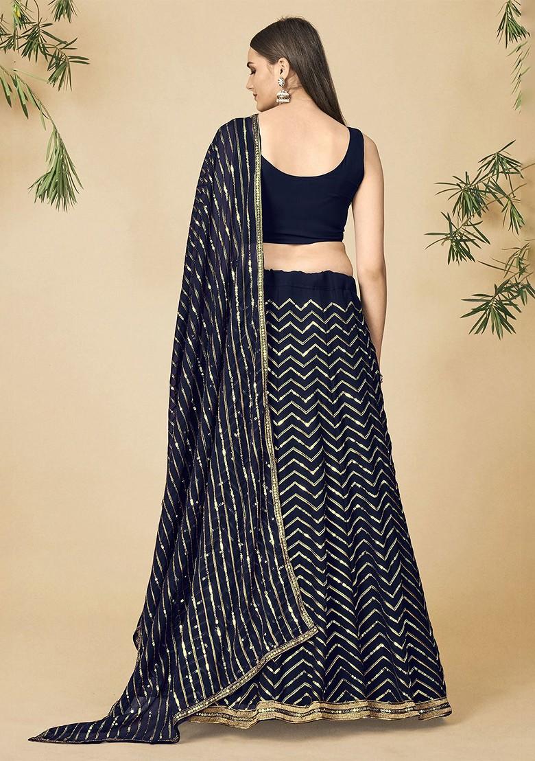 Navy Blue Sequinned Blended Lehenga Choli - Indya