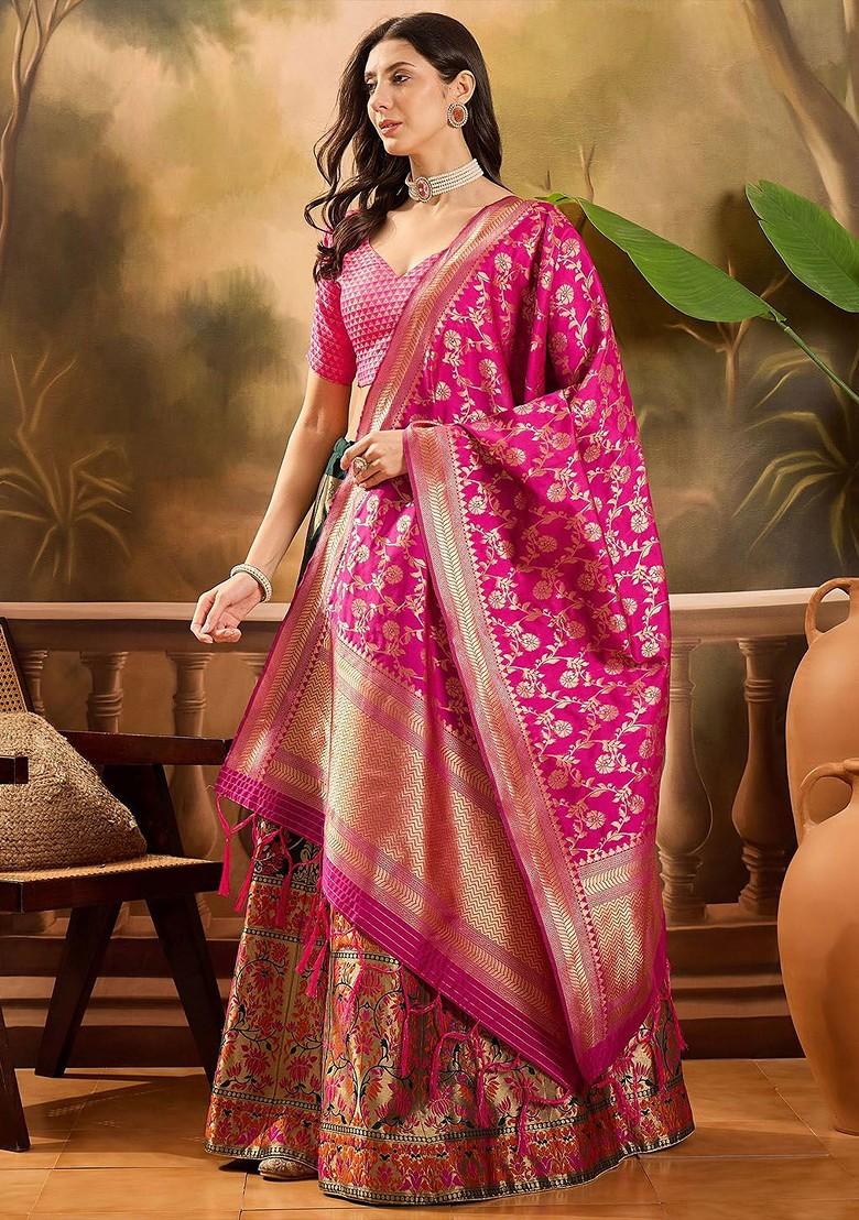 Green Woven Design Blended Lehenga Choli - Indya