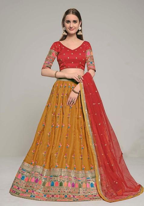 Mustard Emboridered Blended Lehenga Choli
