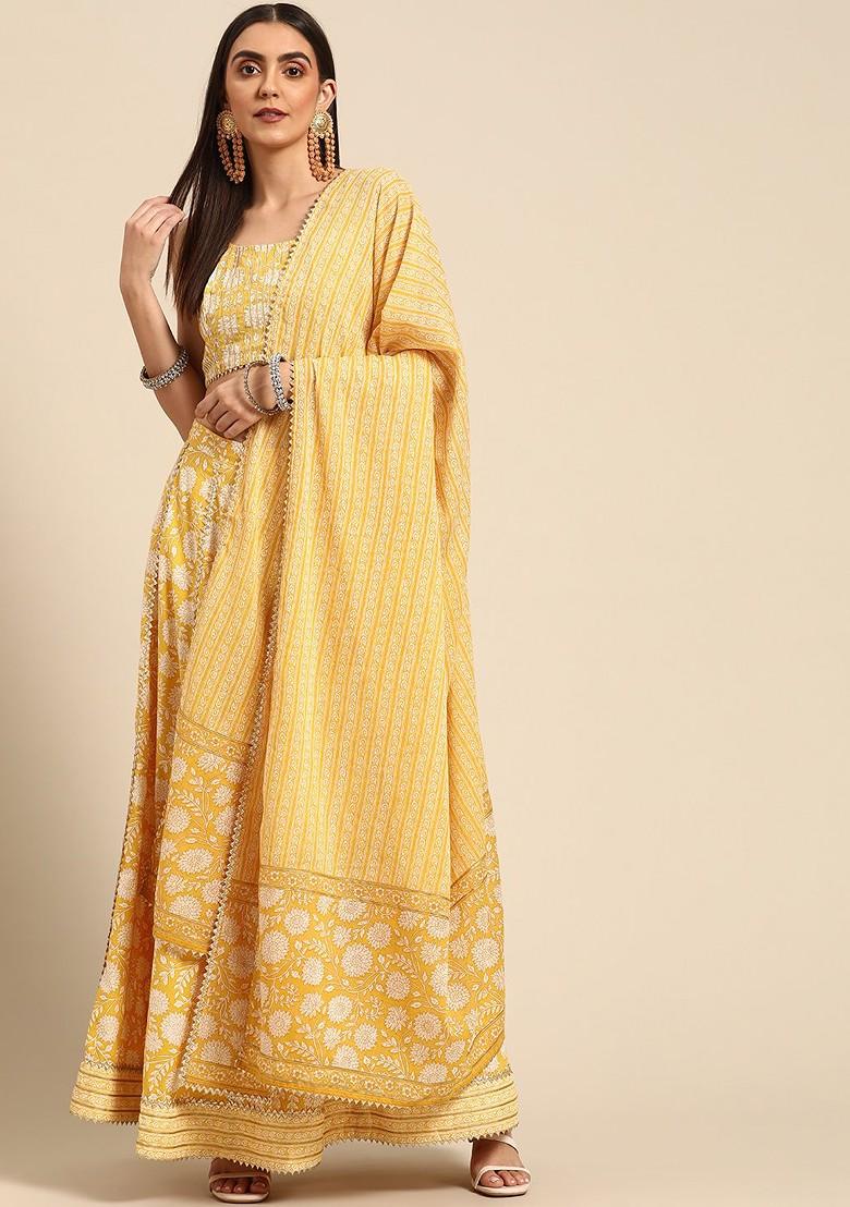 Mustard Printed Blended Lehenga Choli