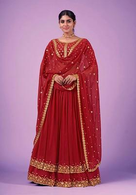 Red Emboridered Blended Lehenga Choli