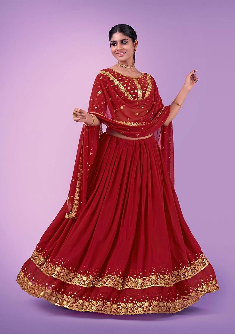 Red Emboridered Blended Lehenga Choli - Indya