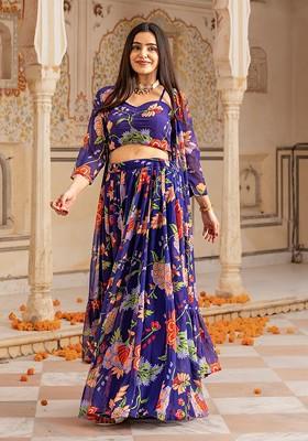 Blue Printed Blended Lehenga Choli