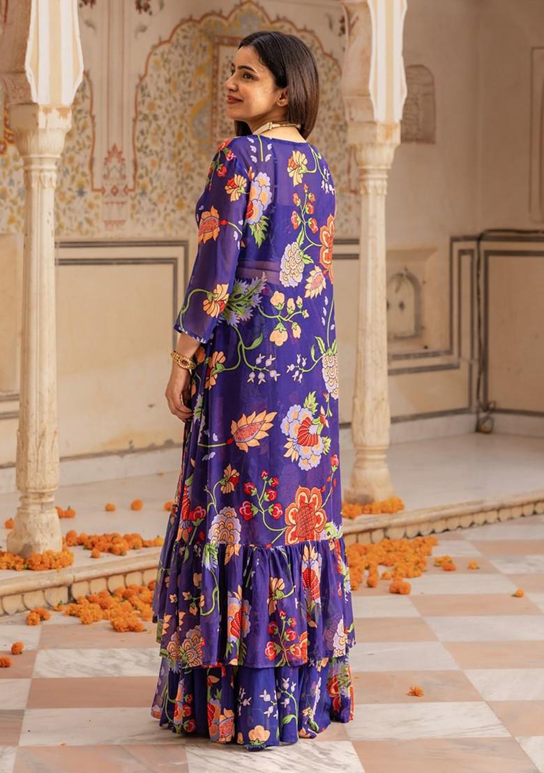 Blue Printed Blended Lehenga Choli - Indya