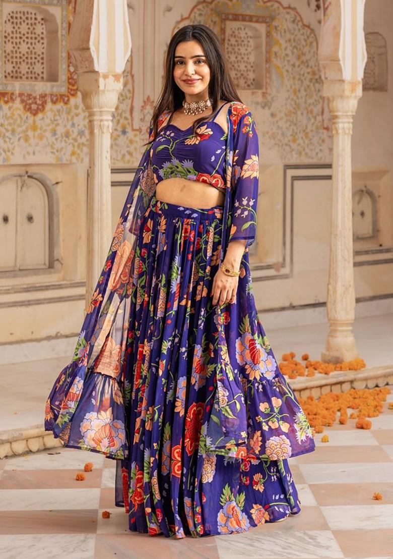Blue Printed Blended Lehenga Choli