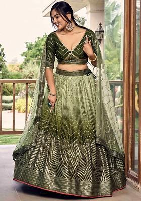 Green Embellished Blended Lehenga Choli