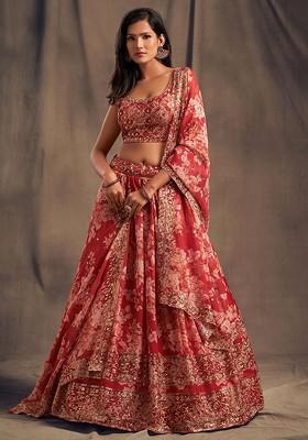 Red Printed Blended Lehenga Choli