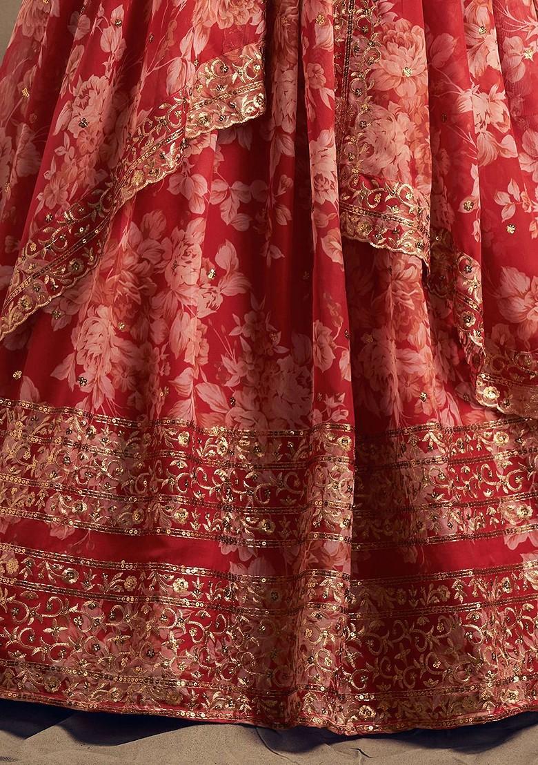 Red Printed Blended Lehenga Choli - Indya