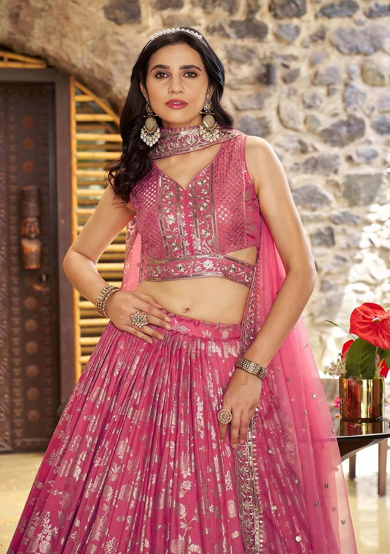 Peach Emboridered Blended Lehenga Choli - Indya