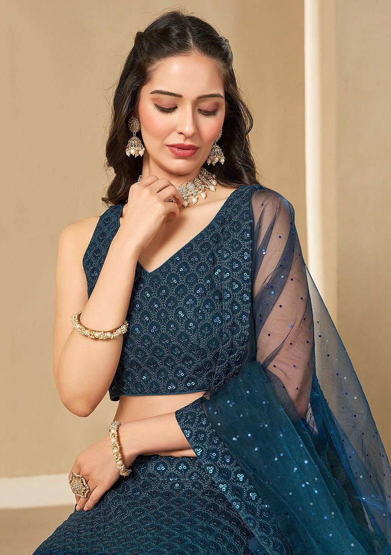 Teal Emboridered Blended Lehenga Choli - Indya