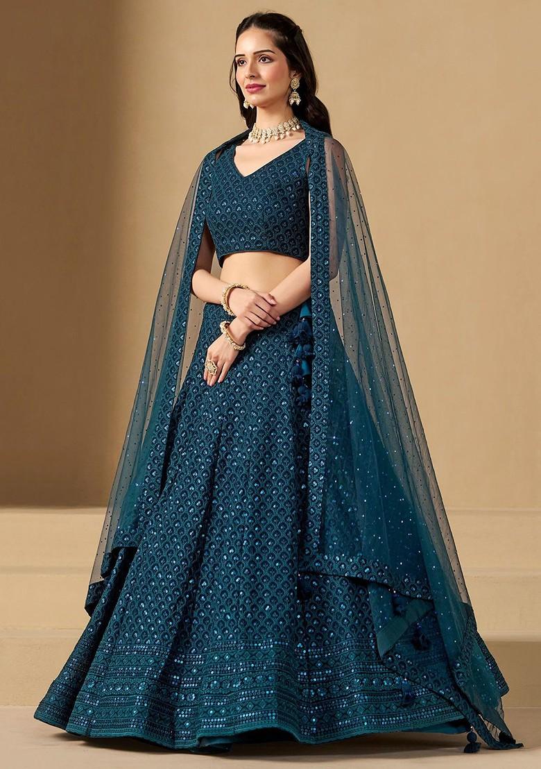 Teal Emboridered Blended Lehenga Choli - Indya