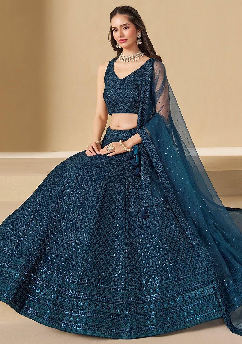 Blue Emboridered Blended Lehenga Choli - Indya