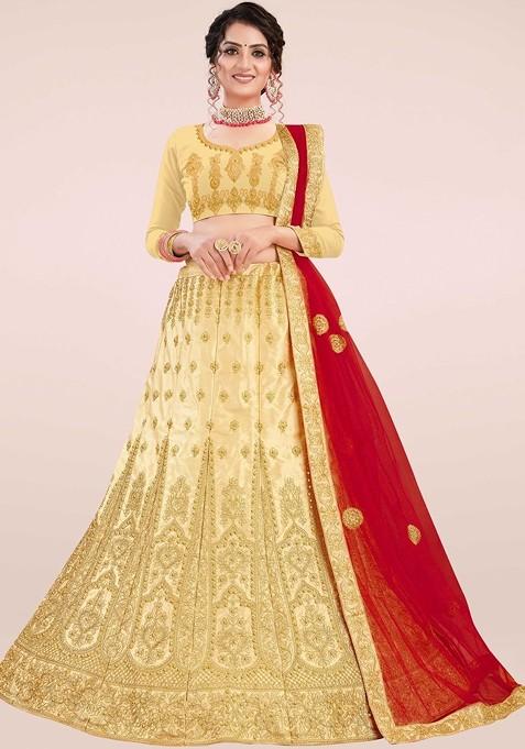 Beige Emboridered Blended Lehenga Choli — view on Indya