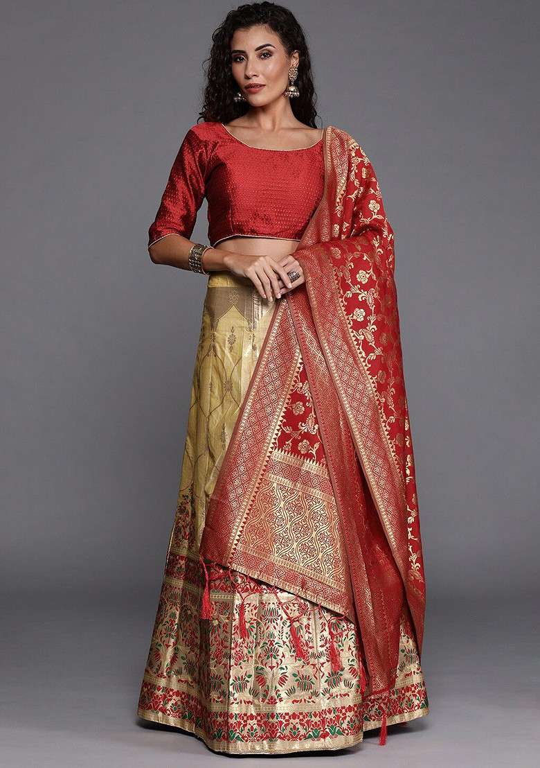 Red Emboridered Blended Lehenga Choli - Indya