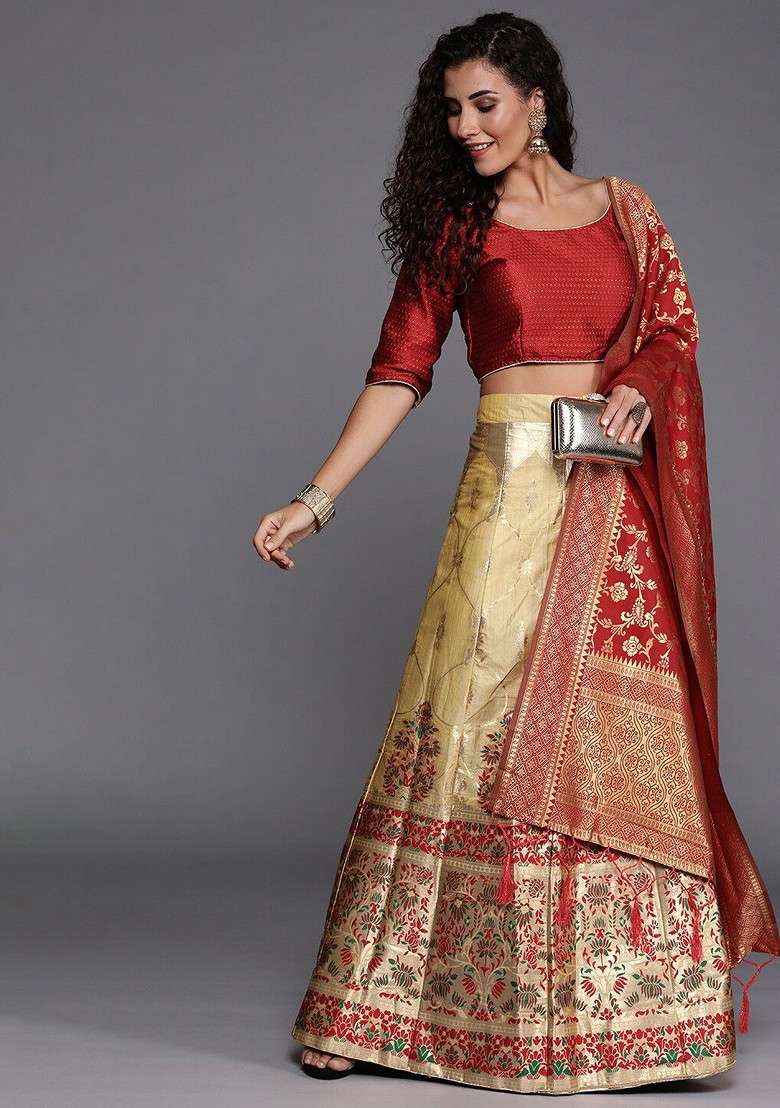 Red Emboridered Blended Lehenga Choli - Indya