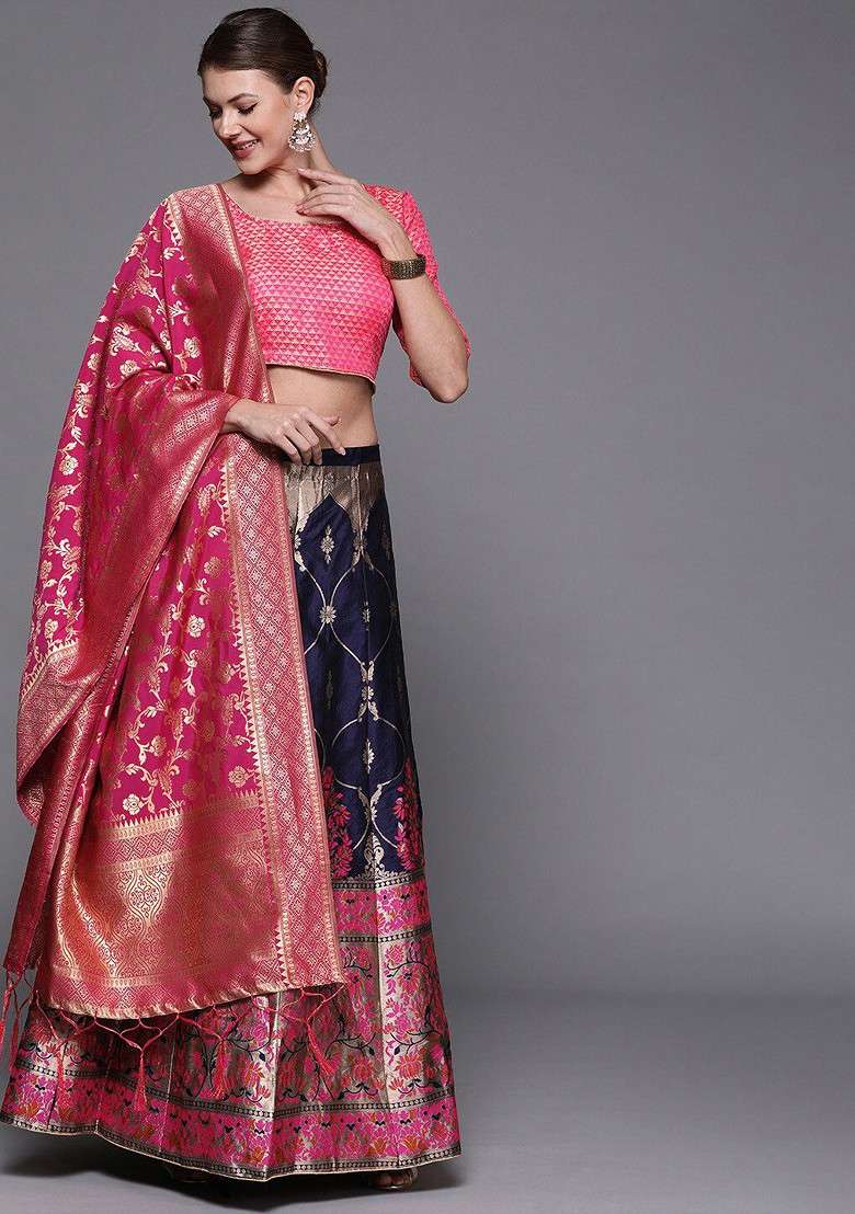 Navy Blue Emboridered Blended Lehenga Choli - Indya