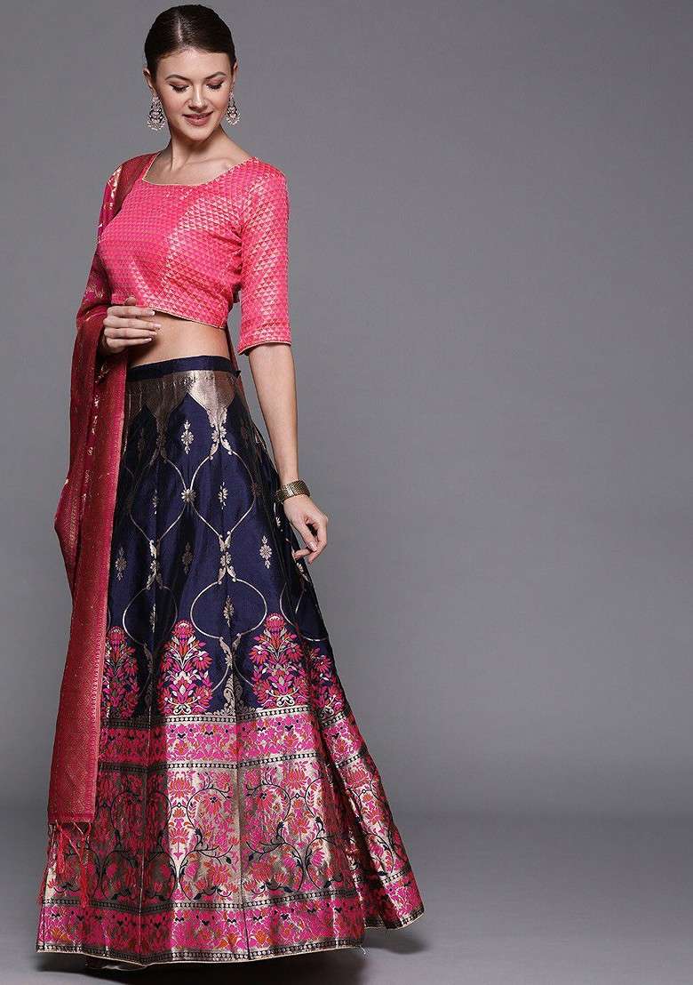 Navy Blue Emboridered Blended Lehenga Choli - Indya
