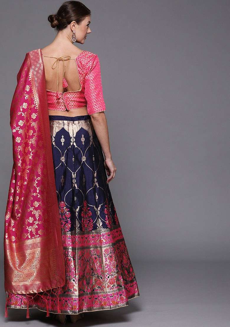 Navy Blue Emboridered Blended Lehenga Choli - Indya