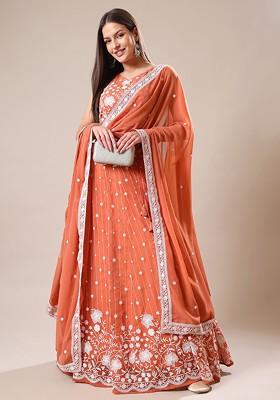 Peach Emboridered Blended Lehenga Choli